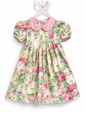 SPECIAL Rare 90s Vintage Polly Flinders Floral Smocked Puff Sleeve Dress Girls 6